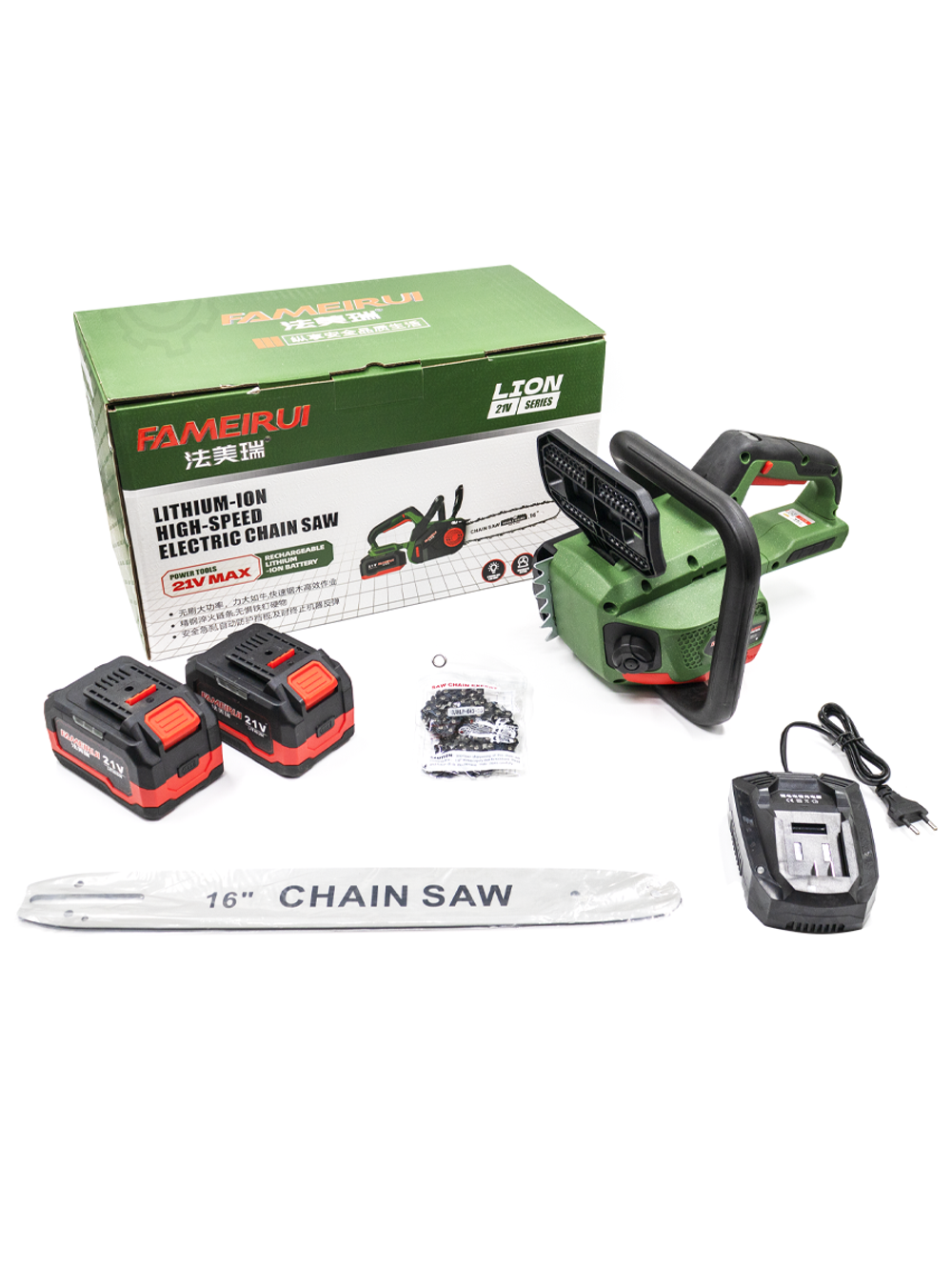 Аккумуляторная цепная пила FAMEIRUI 16″, 21V Li-Ion, бесщеточная