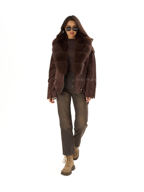 Шоколадная косуха-пуховик с мехом песца