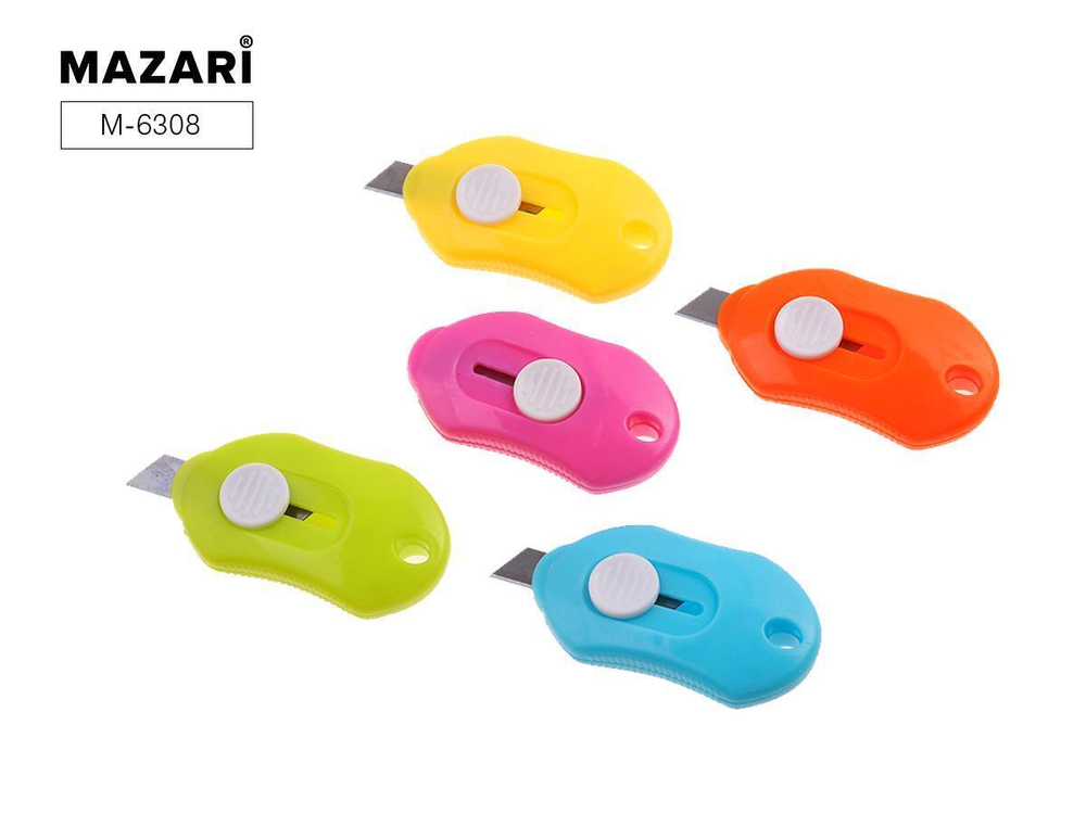 Нож канцелярский мини 60*30 мм, ширина лезвия 10 мм, ассорти 6 цветов (Mazari)