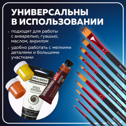 Кисти BRAUBERG PREMIUM, набор 10 шт. (синтетика, круглые № 1, 2, 3, 5, 8, плоские № 2, 4, 6, 8, 10), 201027
