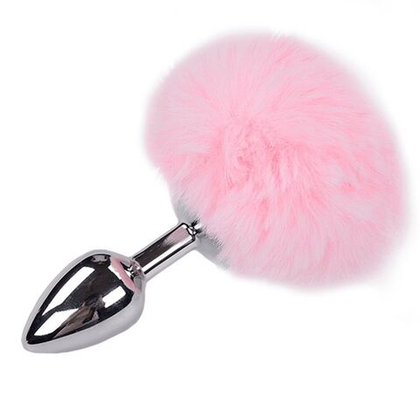 Серебристая анальная втулка с розовым хвостиком Alive Metal Anal Fluffly Plug S