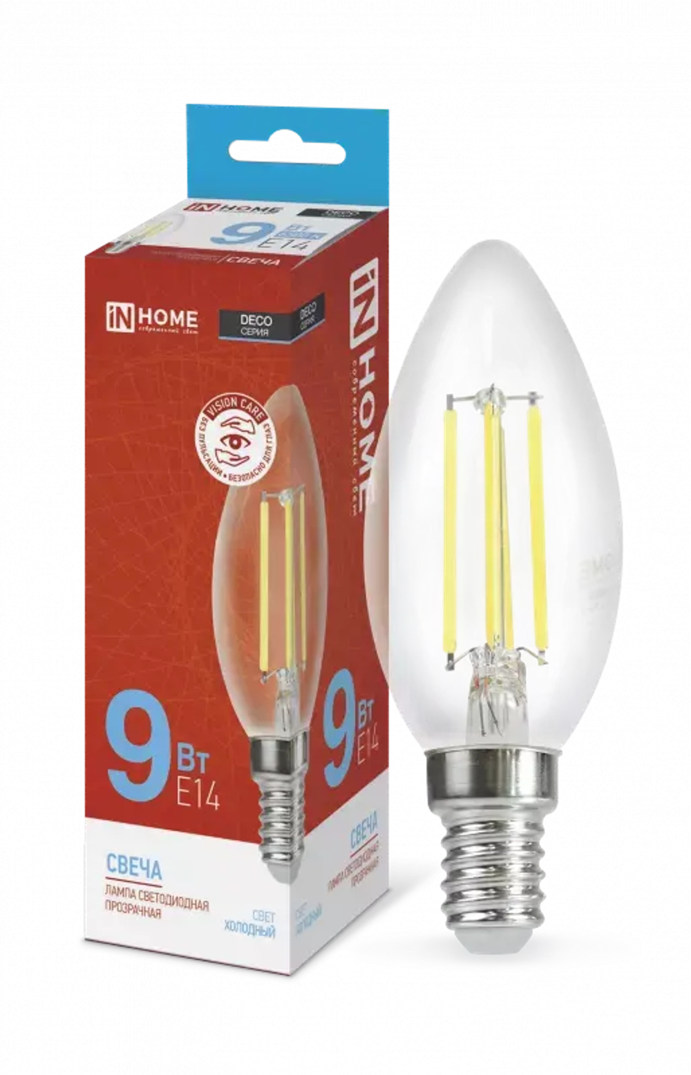 Лампа светодиодная LED-СВЕЧА-deco 9Вт 230В Е14 6500К ХОЛОДНЫЙ 1040Лм прозрачная IN HOME