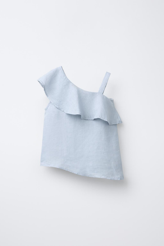 ZARA ТОП ИЗ 100% ЛЬНА С АСИММЕТРИЧНЫМ ВОЛАНОМ, ГОЛУБОЙ
