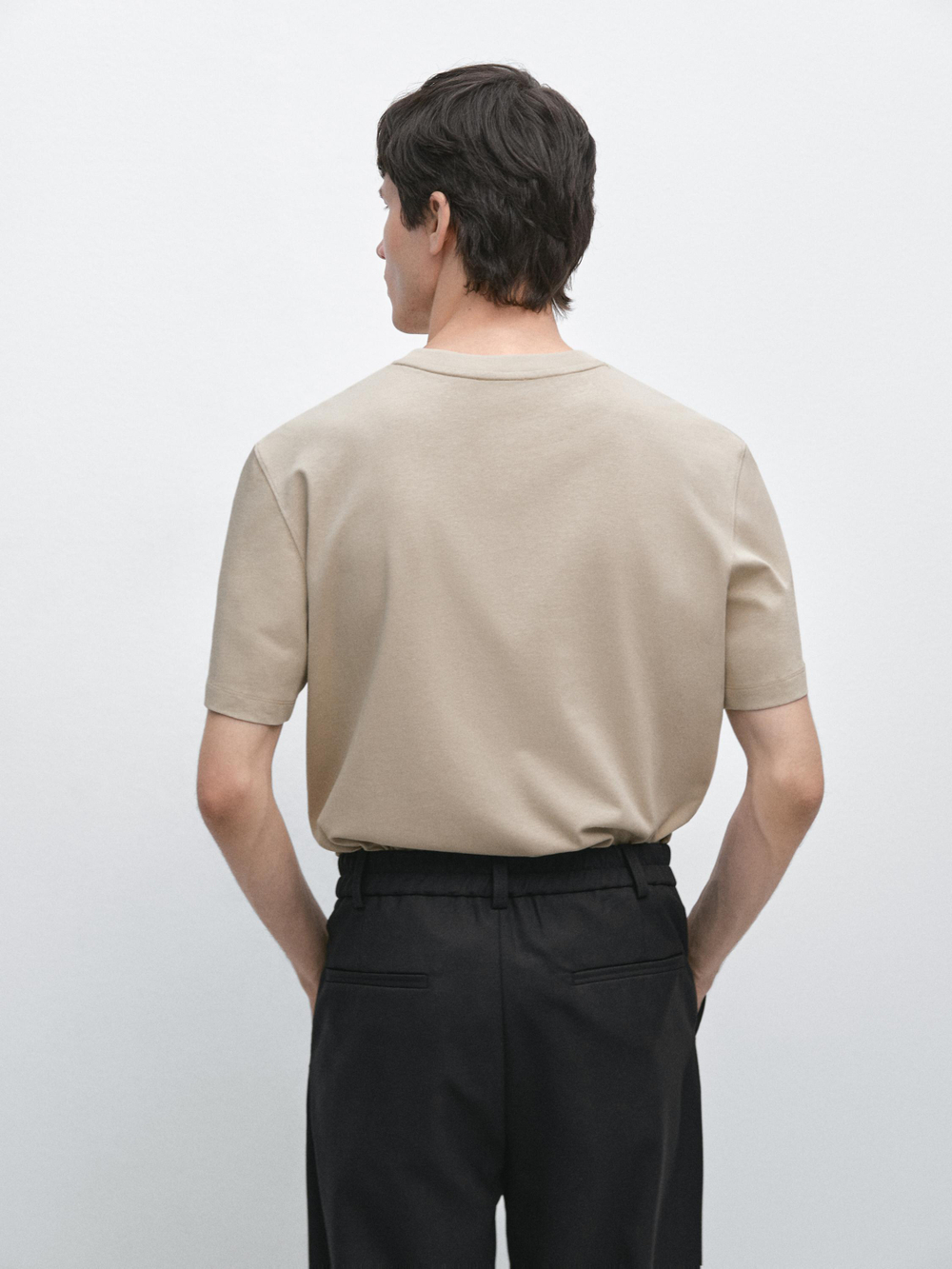 Massimo Dutti Футболка с коротким рукавом из смесовой хлопковой ткани, песочный