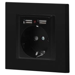Розетка Intro Accent 6-410-05 с заземлением 2P+E Schuko со шторками 16А-250В + 2хUSB IP20 СУ антрацит | Intro