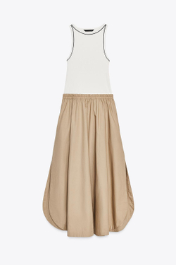 ZARA КОМБИНИРОВАННОЕ ПЛАТЬЕ-МИДИ ИЗ ПОПЛИНА, МЯГКИЙ КАШТАНОВЫЙ