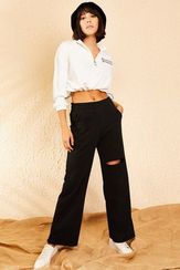 Qadın üçün rezinli, kəsikli, enli ayadlı şalvar qara 10111061