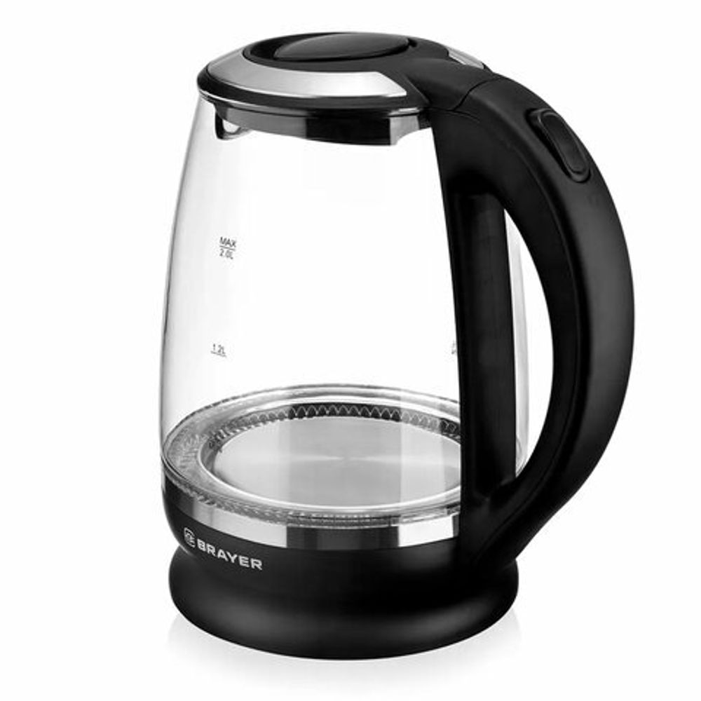 Чайник BRAYER BR1044BK, 2 л, 2200 Вт, закрытый нагревательный элемент, стекло, черный