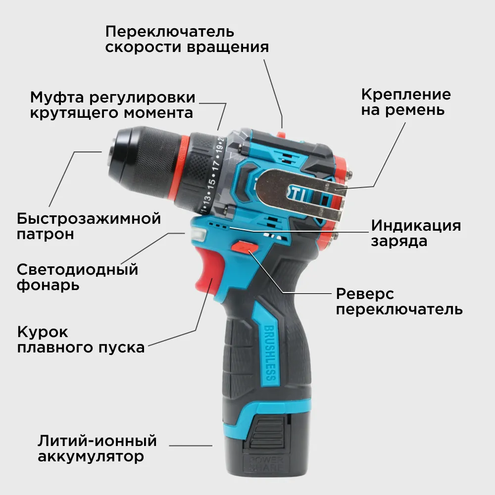 Шуруповерт аккумуляторный бесщеточный 16.8 В, 45 Нм BIYOTI