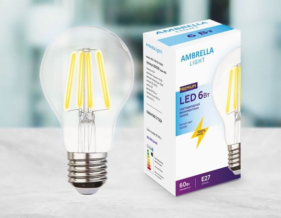 Лампа светодиодная филаментная Ambrella light E27 6W 4200K прозрачная 205029