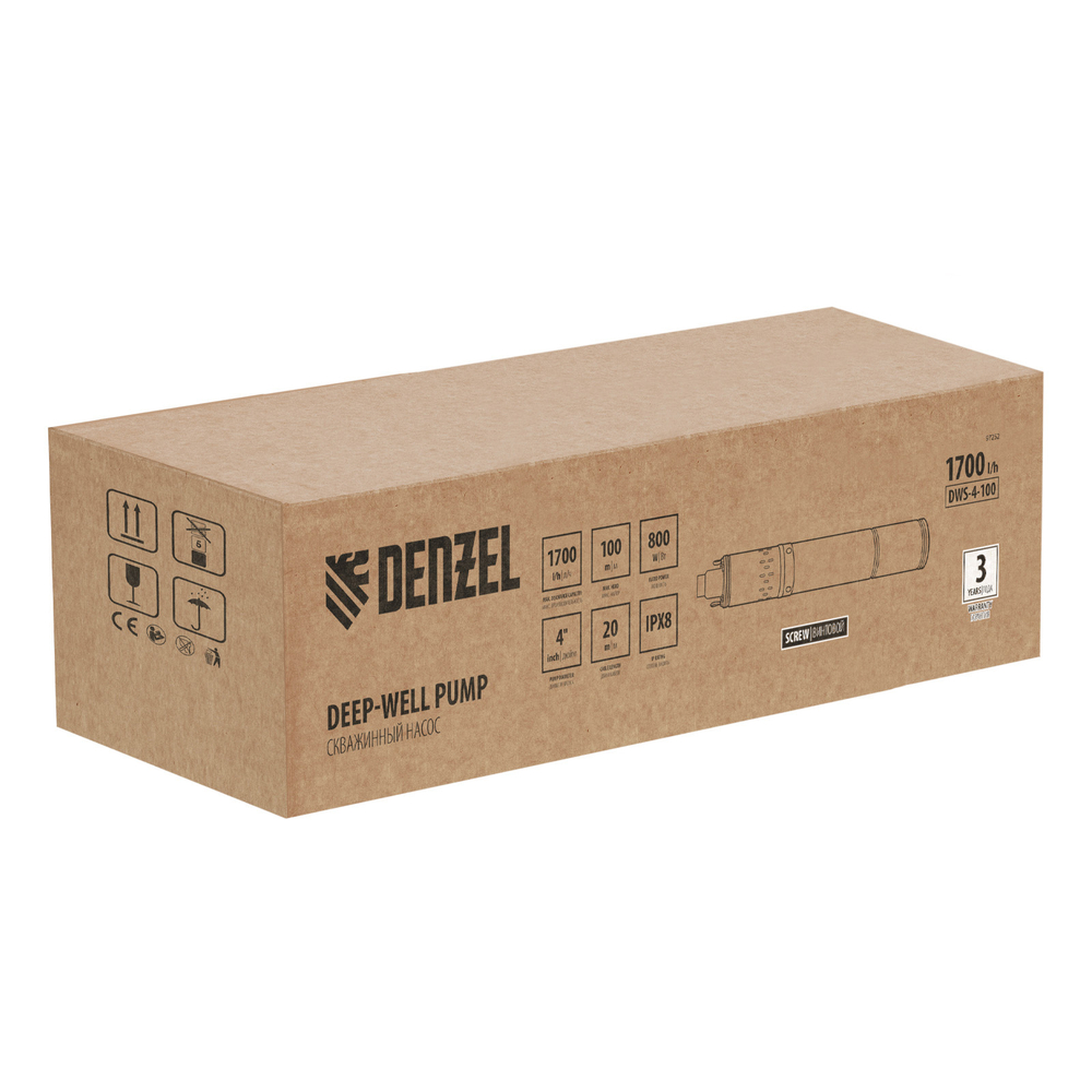 Скважинный насос DWS-4-100, винтовой, диаметр 4", 800 Вт, 1700 л/ч, напор 100 м Denzel