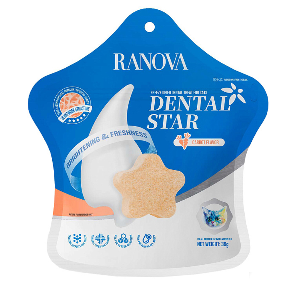 Лакомство Ranova для кошек сублимированное Звёздочка для зубов с курицей и морковью, 36 г