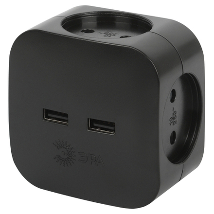 Разветвитель электрический ЭРА SP-4-USB-B на 4 розетки + 2xUSB 2400mA без заземления 10А черный