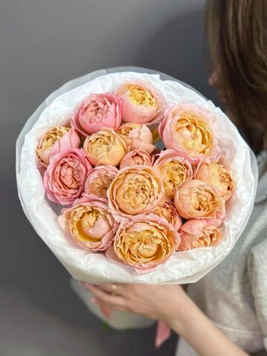 Кустовые пионовидные розы сорта "Джульетта" в облачке