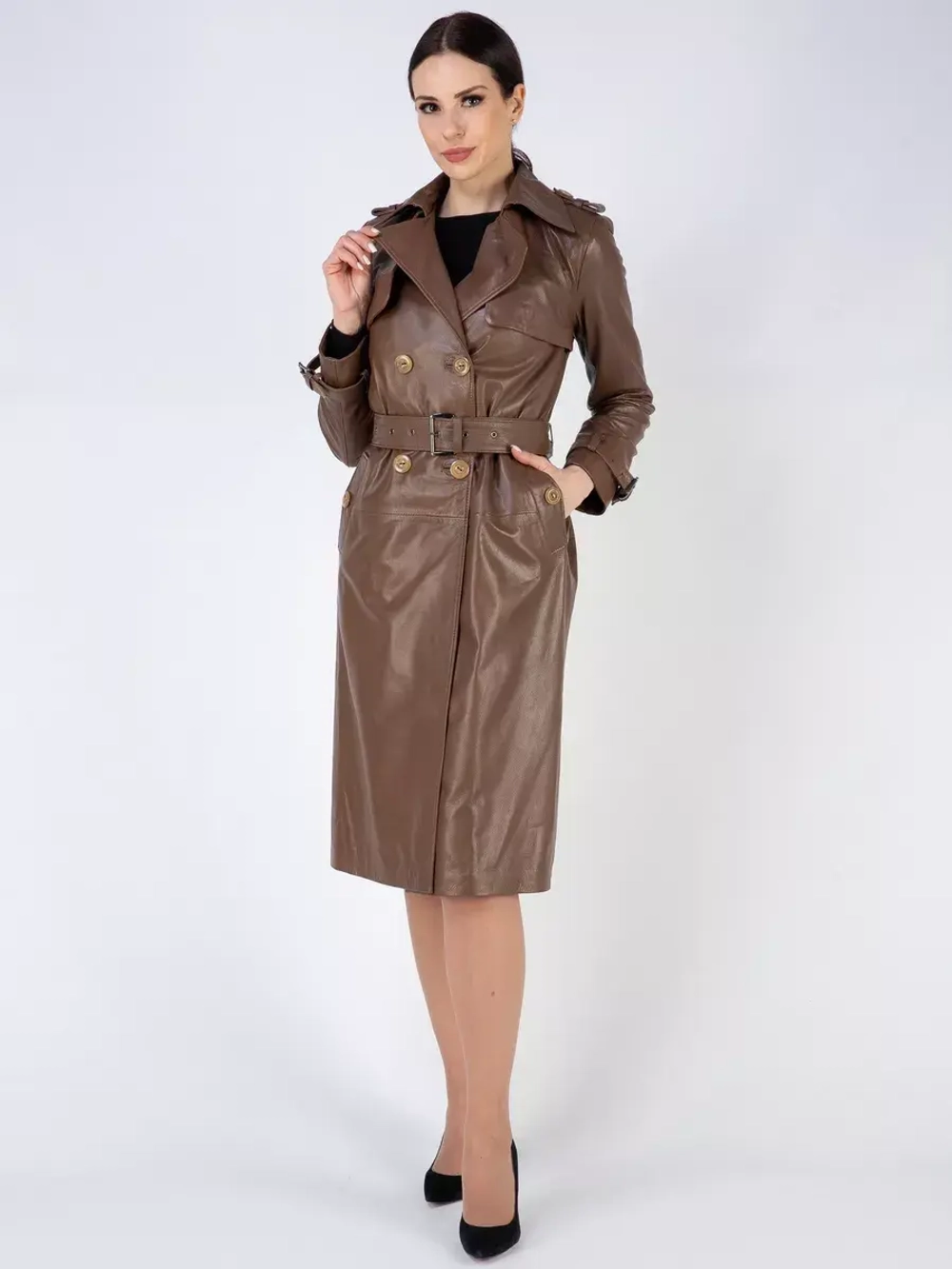 Тренч длинный кожаный с поясом плащ на осень