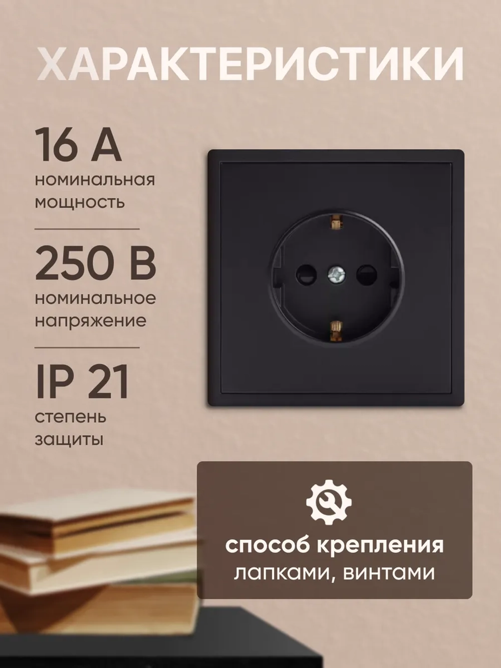 Розетка внутренняя одинарная с заземлением черная