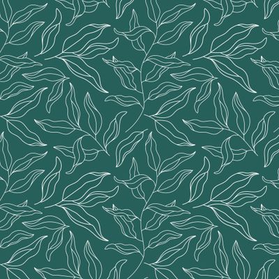 Белые ветки и листья на изумрудном зелёном (контурный)