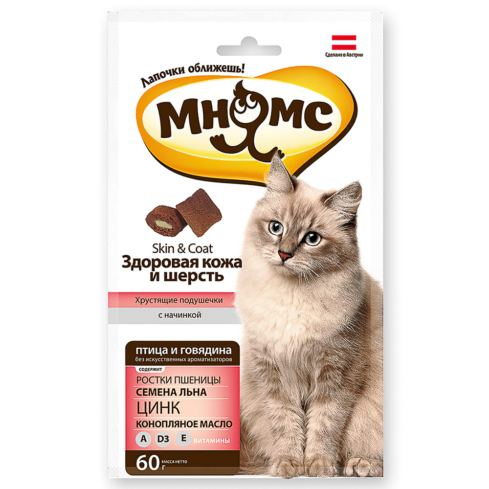 Лакомство для кошек Мнямс с птицей и говядиной "Здоровая кожа и шерсть" 60 г