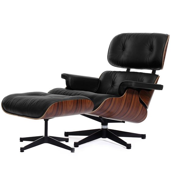 Кресло с оттоманкой Eames Lounge, черная кожа, палисандр