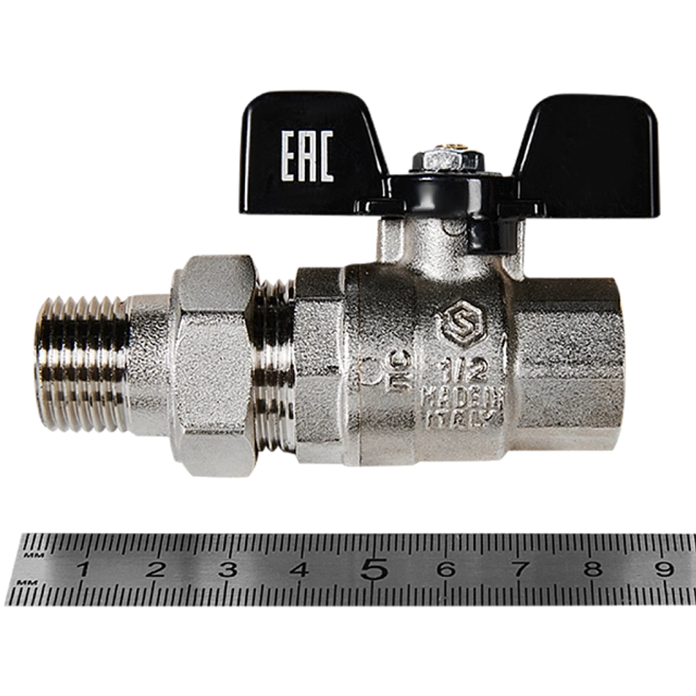 Кран шаровой полнопроходной STOUT - 1/2" (ВР/НР-американка PN40, Tmax 150°C, ручка-бабочка черная)