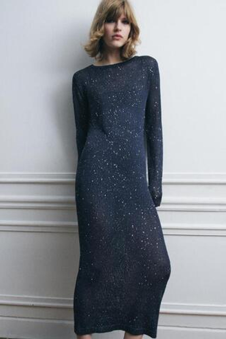 ZARA ДЛИННОЕ ТРИКОТАЖНОЕ ПЛАТЬЕ С ПАЙЕТКАМИ, МОРСКОЙ СИНИЙ