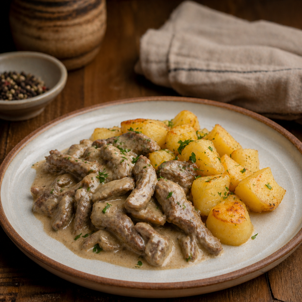 Бефстроганов с картофелем