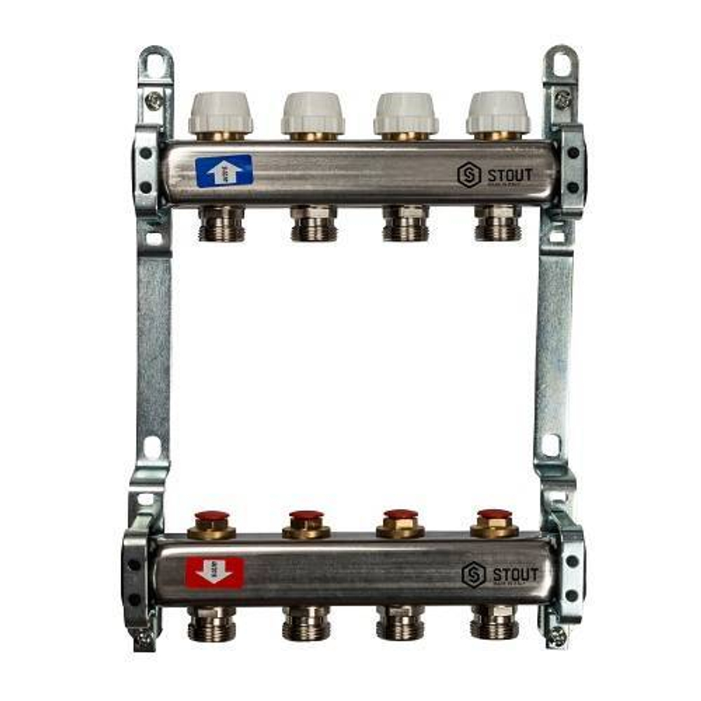 Коллекторная группа для радиаторного отопления STOUT SMS0922 - 1" на 4 контура 3/4"EK (нерж.сталь)