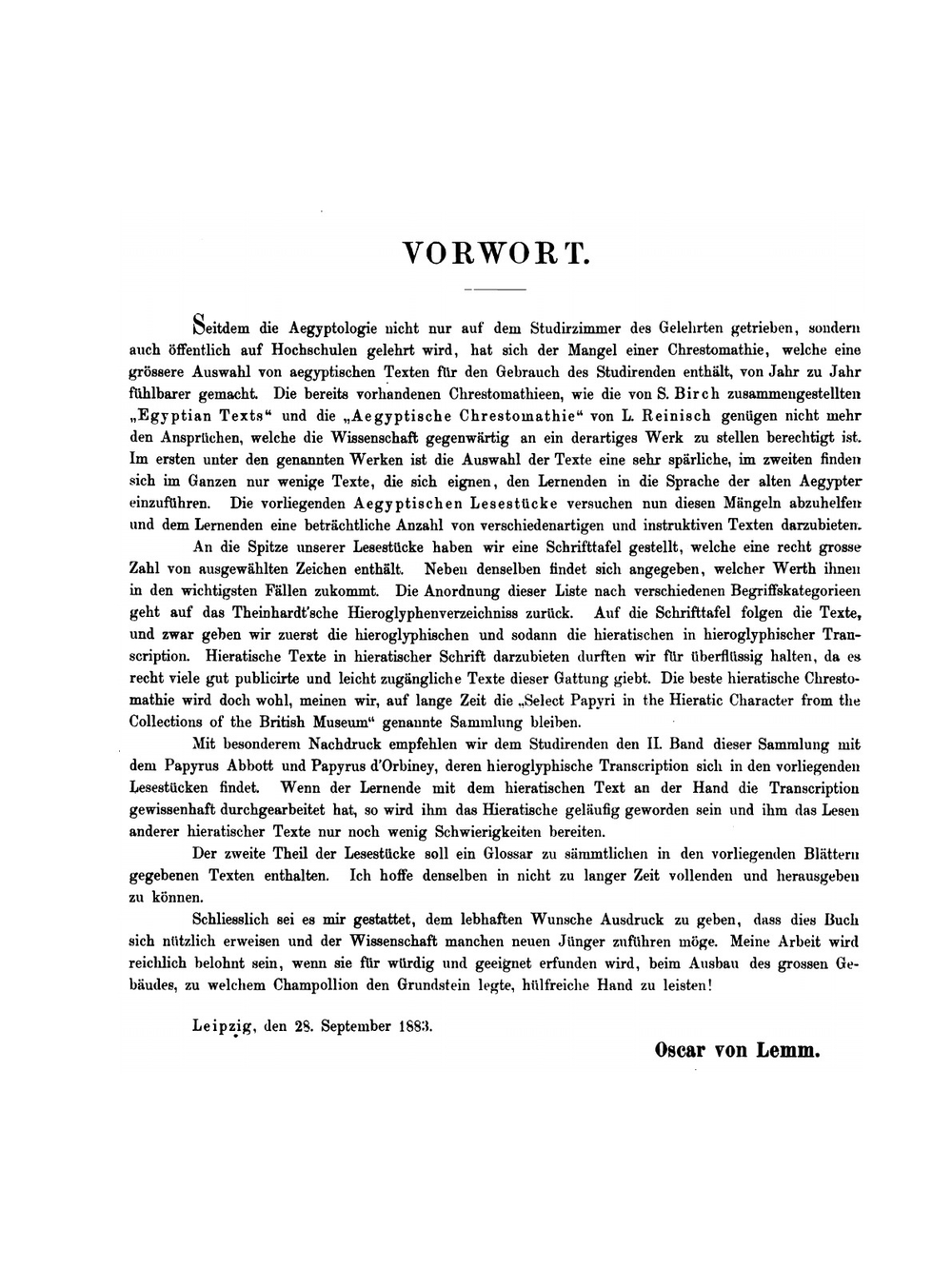 Aegyptische Lesestücke Zum Gebrauch Bei Vorlesungen Und Zum Privatstudium. Mit Schrifttafel Und Glossar | O.E. Lemm