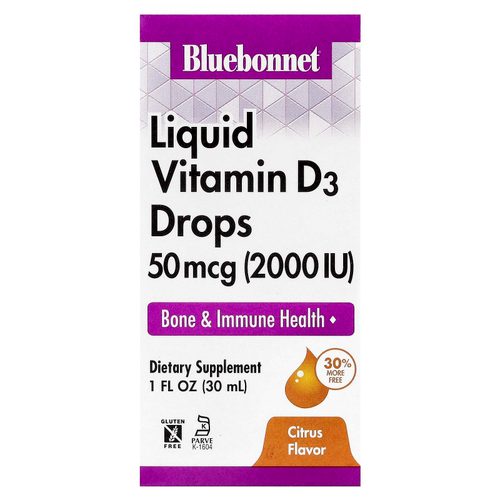 Bluebonnet Nutrition, жидкий витамин D3 в каплях, с цитрусовыми, 50 мкг (2000 МЕ), 30 мл (1 жидк. унция)