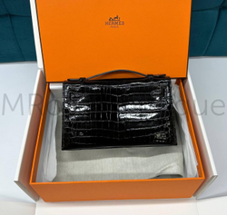 Сумка Hermes Kelly Pochette из глянцевой крокодильей кожи темно-синяя