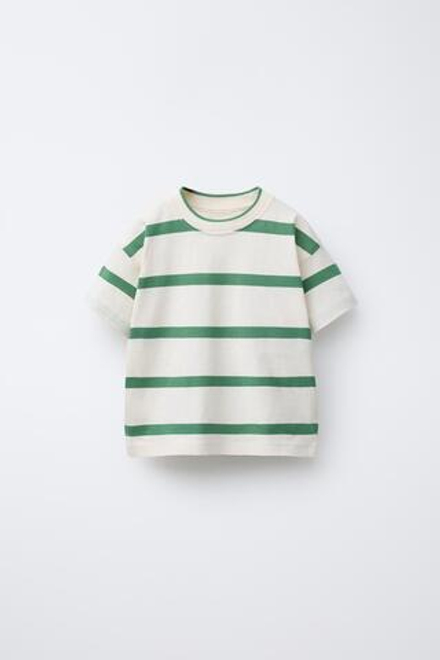 ZARA ФУТБОЛКА В ПОЛОСКУ С НАШИВКОЙ, ЗЕЛЕНЫЙ