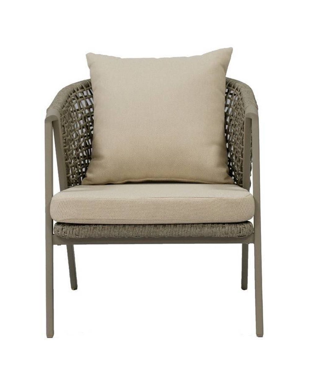 "Амстердам" кресло плетеное из роупа, каркас алюминий, роуп серый круглый, ткань бежевая