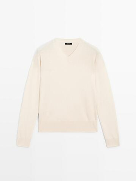 Massimo Dutti Свитер из смесовой шерсти с V-образным вырезом, бежевый