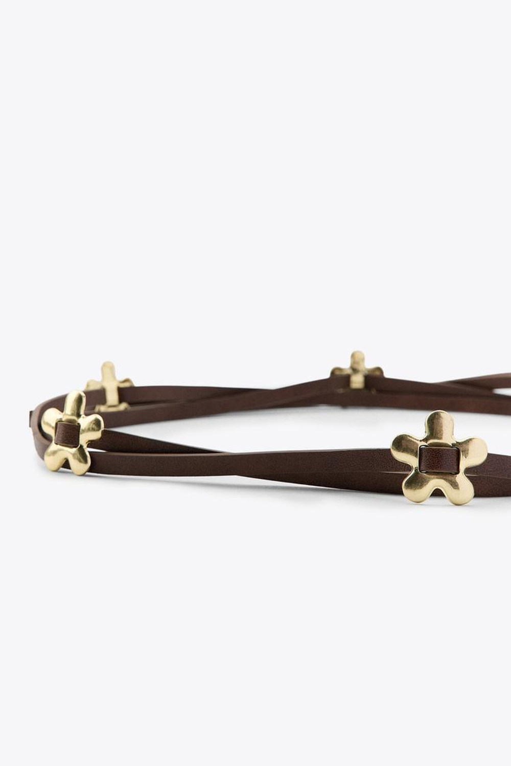 ZARA КОЖАНЫЙ РЕМЕНЬ-ШНУРОК С ЦВЕТАМИ, КОРИЧНЕВЫЙ