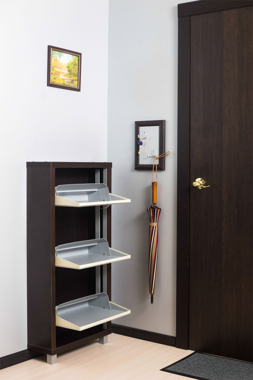 Обувница в прихожую компактная для обуви Люкс 3 белое стекло венге