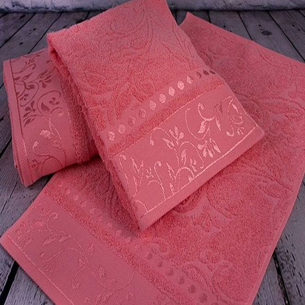 Набор из 3-х махровых полотенец "П37. Жаккард брусничный" в упаковке, 100% хлопок, Россия.