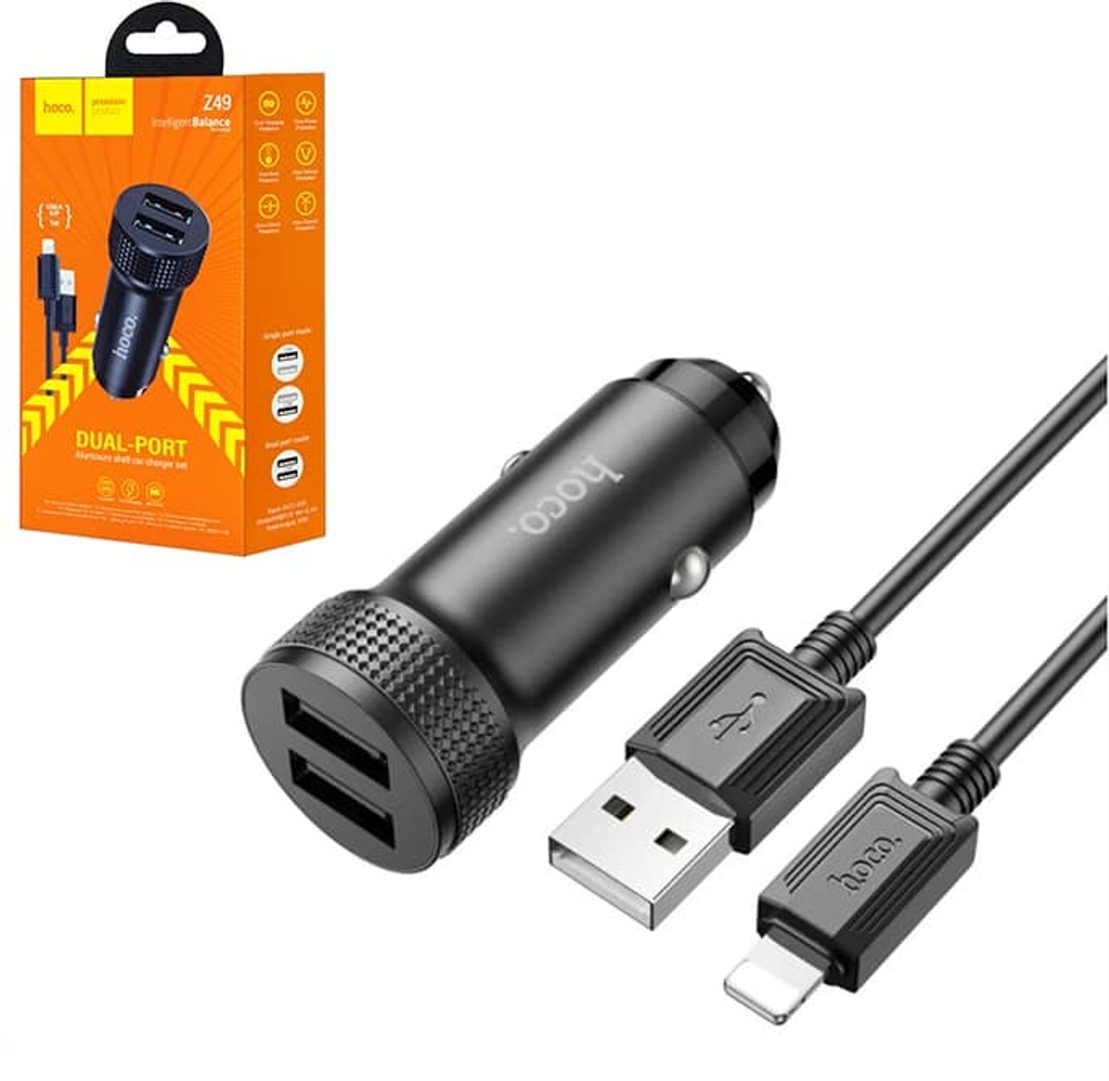 Автомобильный адаптер питания HOCO Z49 2USB + кабель Lightning (черный)