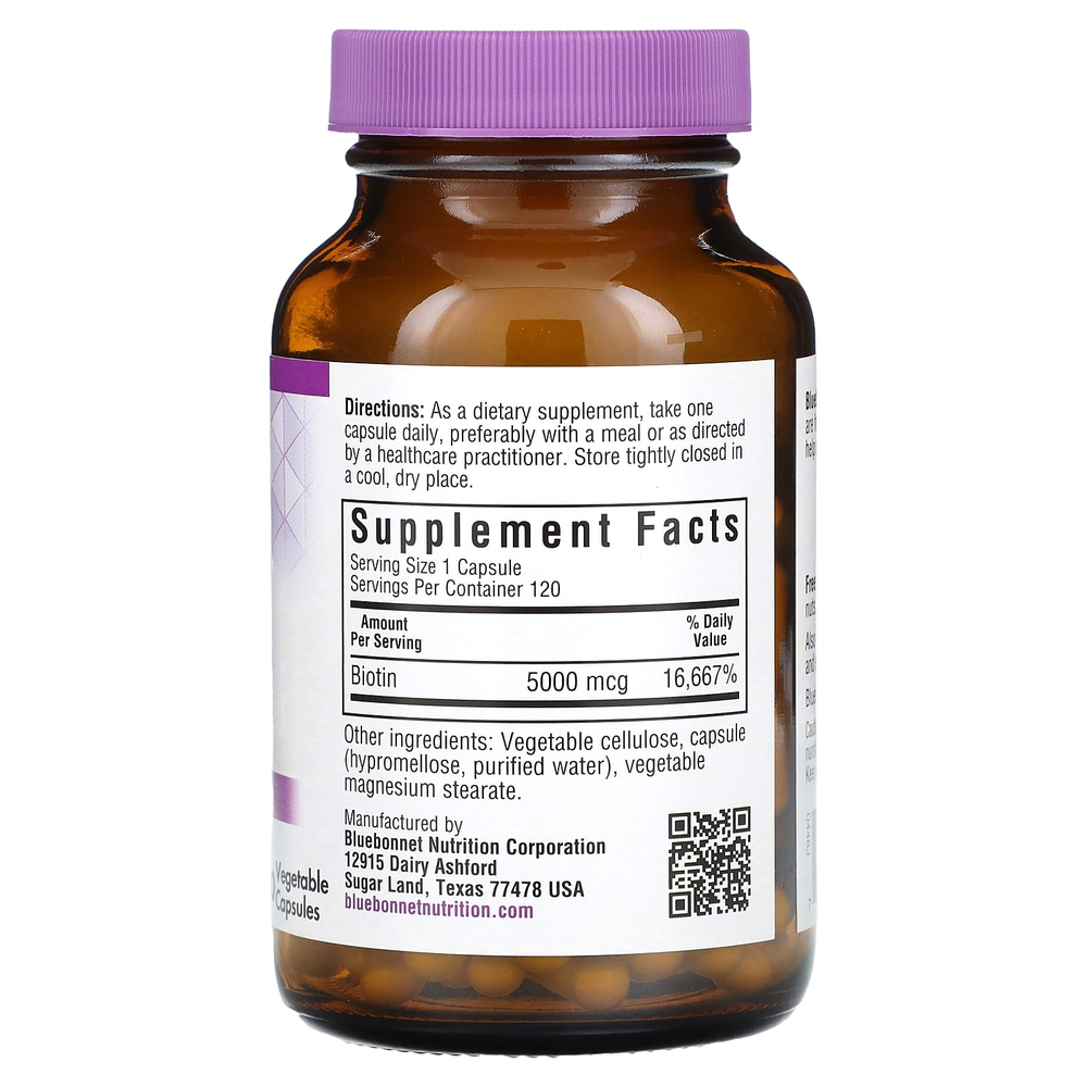 Bluebonnet Nutrition, Биотин, 5000 мкг, 120 растительных капсул