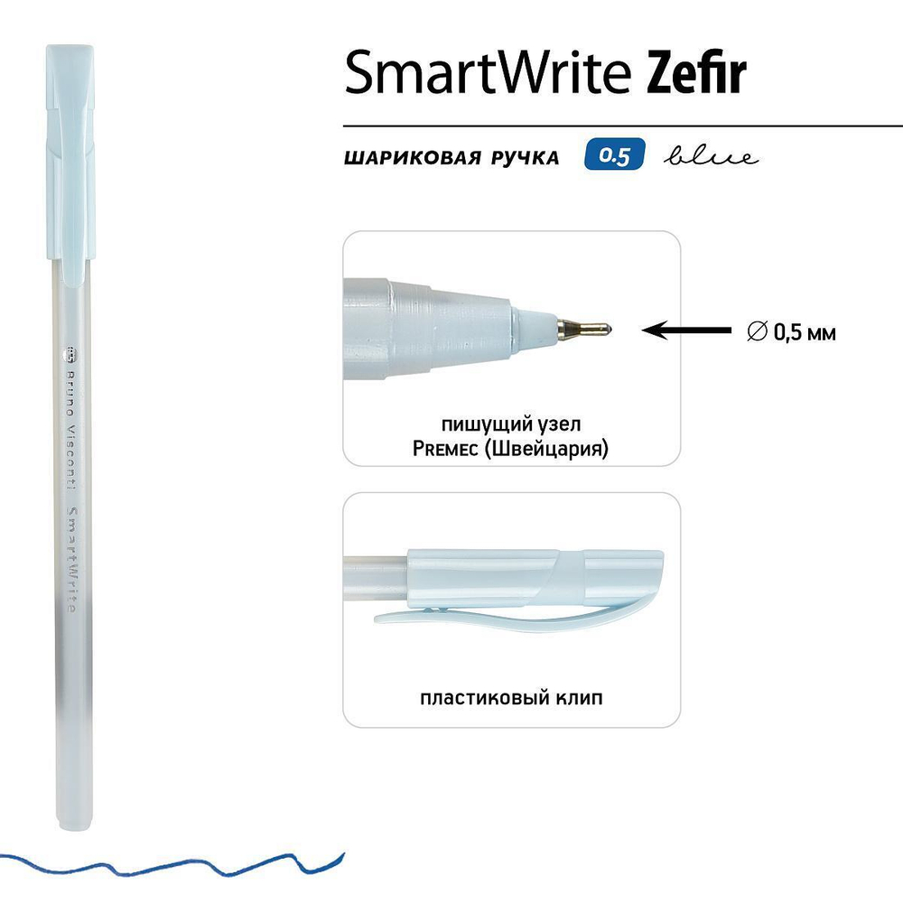 Ручка "SmartWrite Zefir" шариковая 0.5 мм, синяя (3 цвета) (Bruno Visconti)