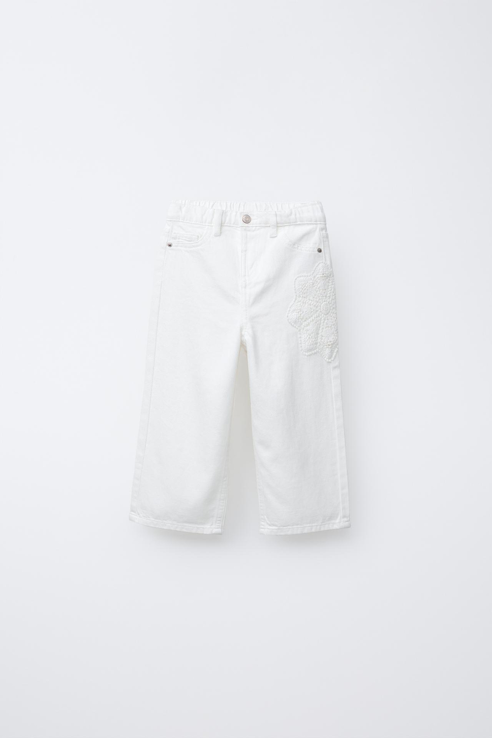 ZARA БРЮКИ ПРЯМОГО КРОШЕ ИЗ ТВИЛА С ЦВЕТОЧНОЙ ДЕТАЛЬЮ ИЗ КРУЖЕВА КРОШЕ, ЖЕЛТОВАТО-БЕЛЫЙ