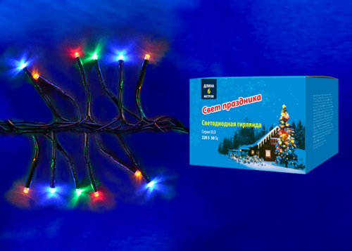 ULD-S0600-400/DGA MULTI IP20 FIRECRACKER  Гирлянда светодиодная с контроллером «Фейерверк», 6м. 400 светодиодов. Разноцветный свет. Провод зеленый. ТМ