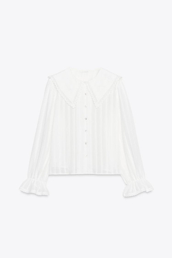 ZARA РУБАШКА С КРУГЛЫМ ВОРОТНИКОМ И КРУЖЕВОМ, ЖЕЛТОВАТО-БЕЛЫЙ