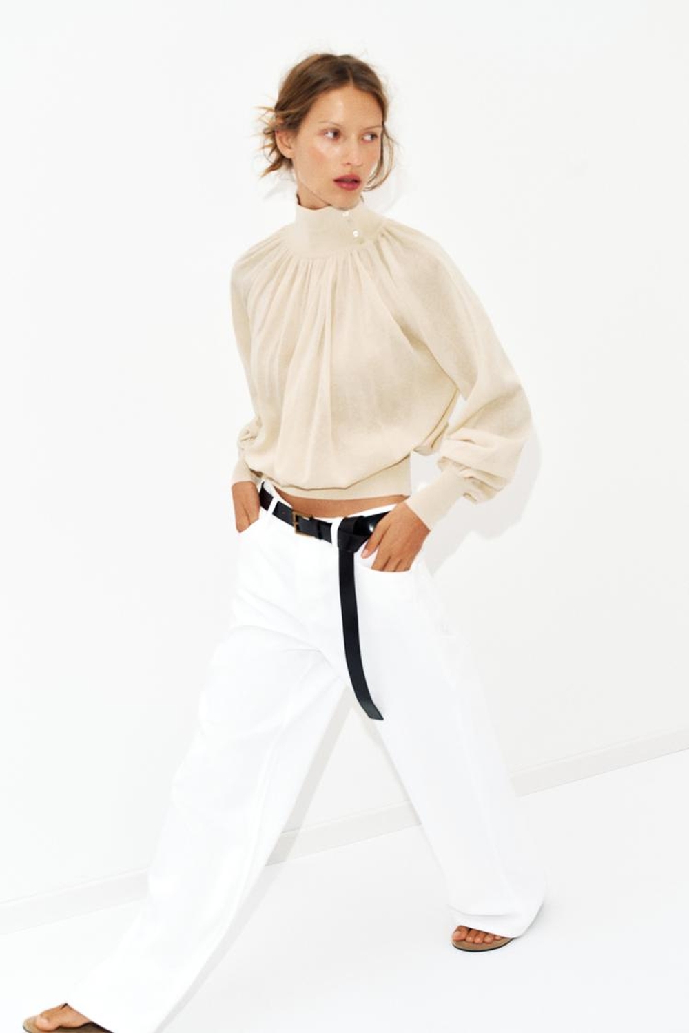 ZARA БЛУЗА СВОБОДНОГО КРОЯ ИЗ КОМБИНИРОВАННОГО ТРИКОТАЖА, ПЕСОЧНЫЙ