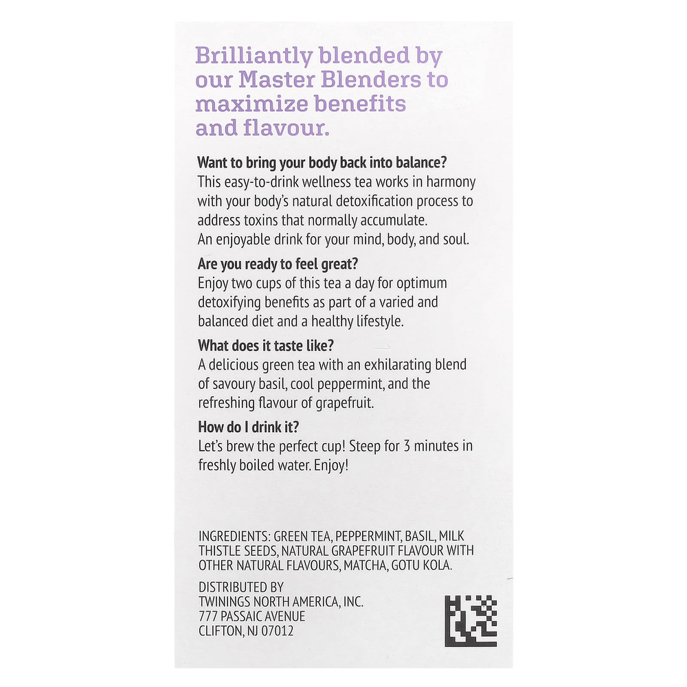 Twinings, Detox, адаптогены, зеленый чай со вкусом грейпфрута и базилика, 18 чайных пакетиков, 36 г (1,27 унции)