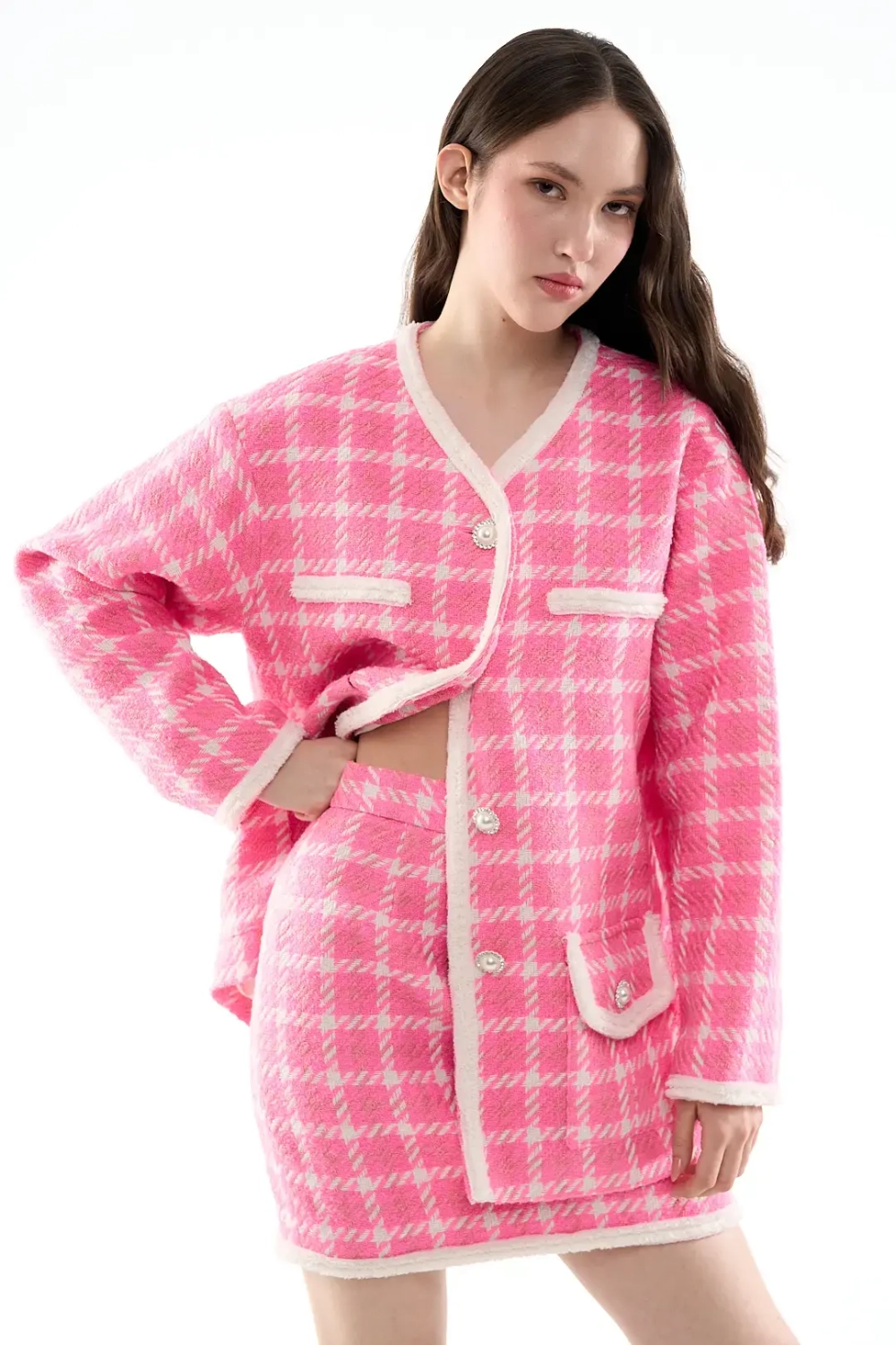 Прямая юбка-мини розовая в клетку