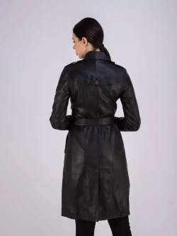 Тренч длинный кожаный с поясом плащ на весну