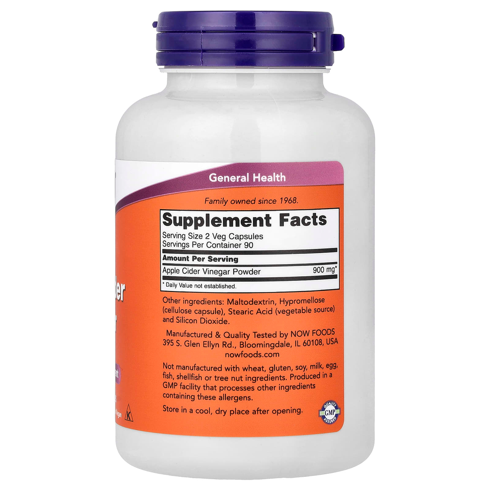 NOW Foods, яблочный уксус, 450 мг, 180 растительных капсул