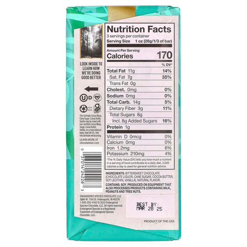 Endangered Species Chocolate, лесная мята + черный шоколад, 72% какао, 85 г (3 унции)
