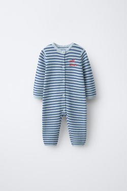 ZARA КОМБИНЕЗОН В ПОЛОСКУ С ВЫШИТОЙ НАДПИСЬЮ, ГОЛУБОЙ