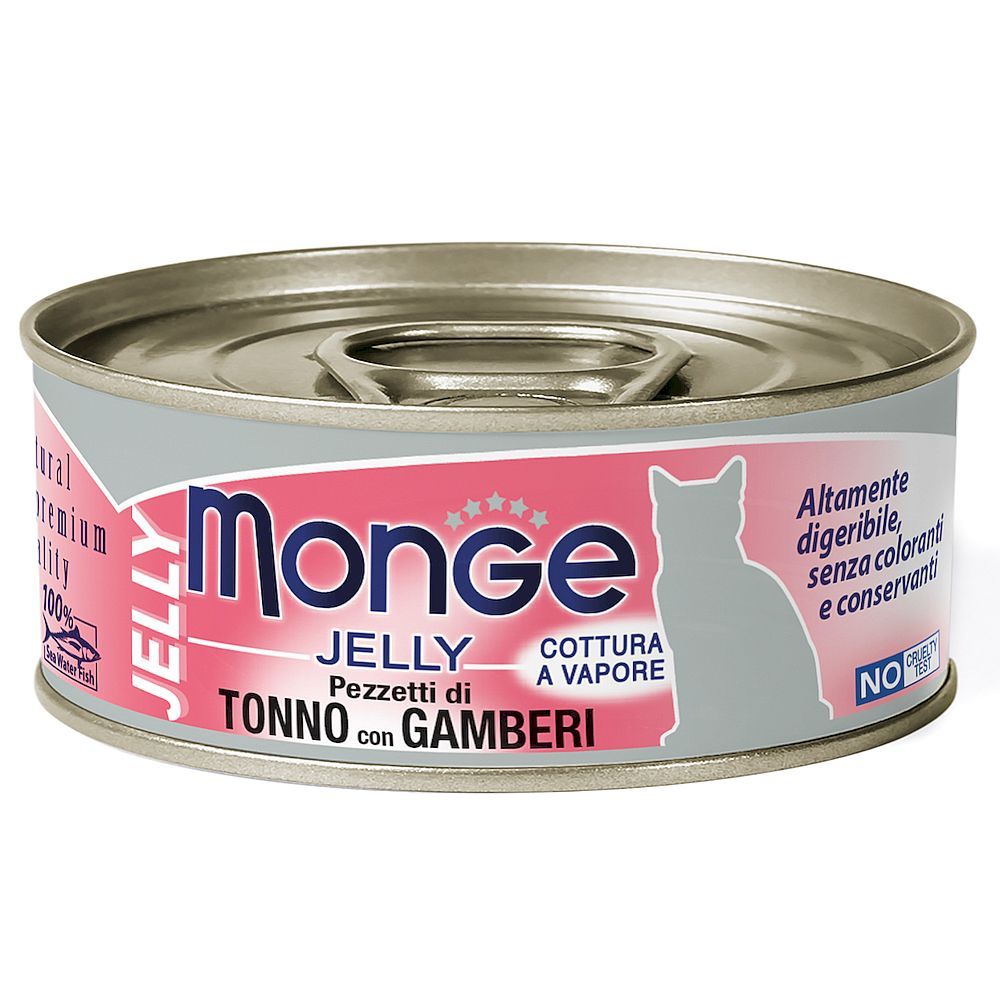 Влажный корм для кошек Monge jelly Adult cat с желтоперым тунцом и креветками, банка 80 г